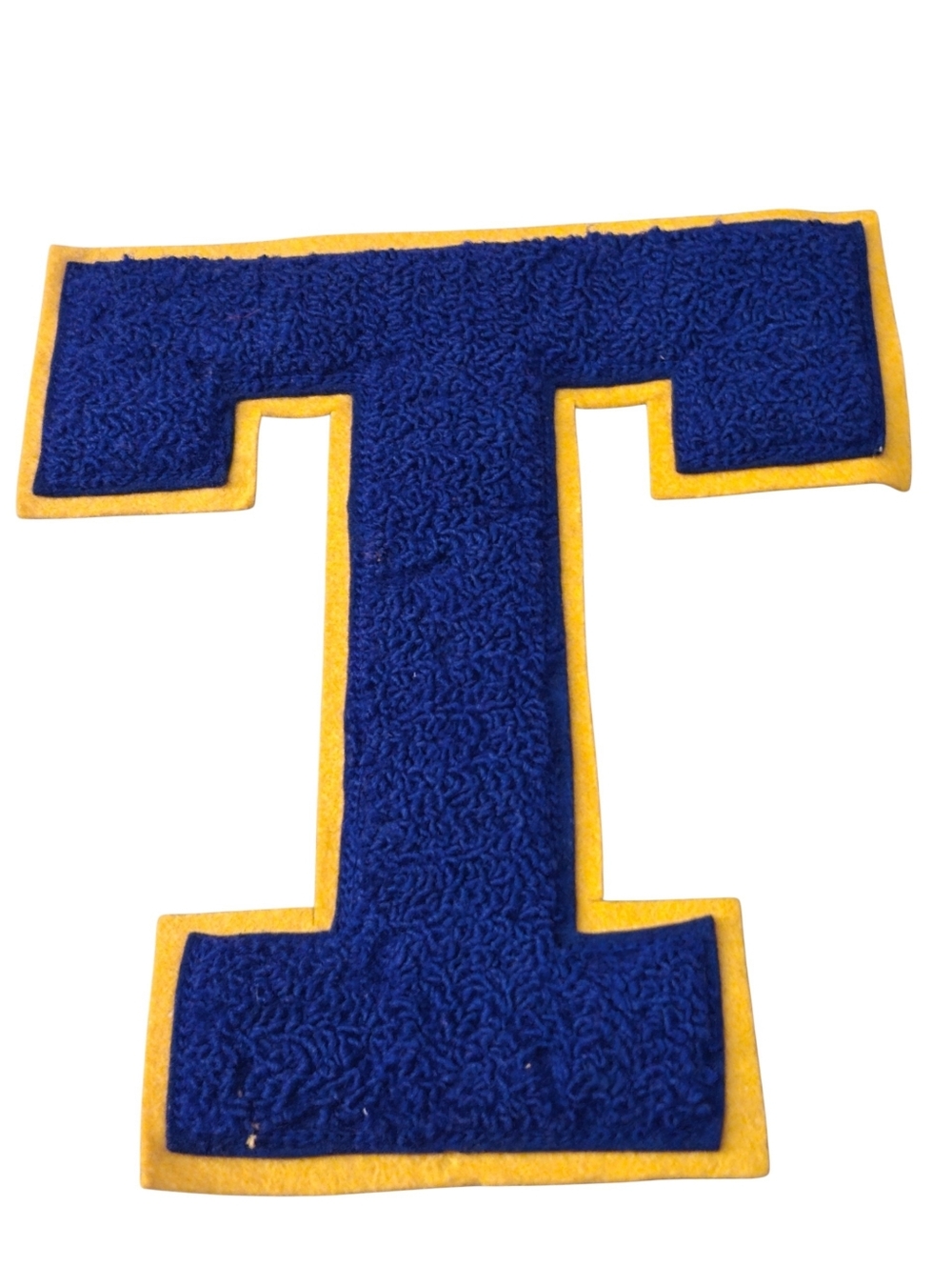 7 In Vintage Chenille Letterman Patch Navy Blue 'T" With Yellow Felt Background